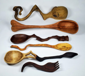 Assorted carved wood utensils - Chaos Woods